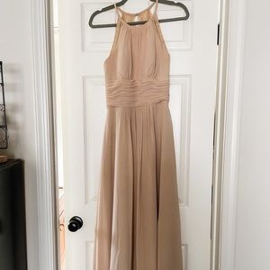 Champagne colored floor length bridesmaid dress